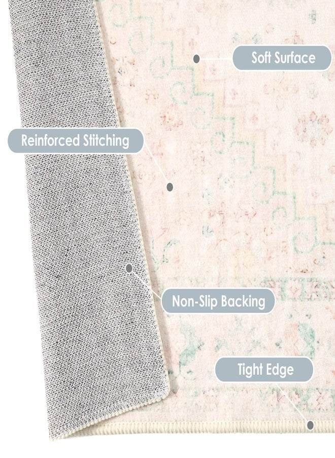 MUJOO Small Rug,2x3 Washable Area Rugs for Bathroom Entryway Entry Entrance Bedroom,Indoor Front Door Mat Non Slip Throw Carpet Boho Low Pile Light Pink and Green - Image 4